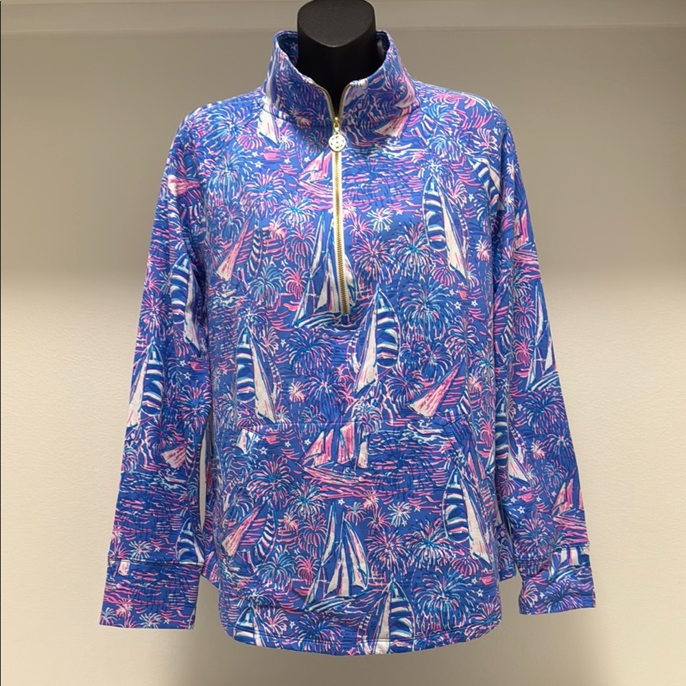 Lilly Pulitzer Skipper Popover Boca Blue Its A Sailabration Womens Small 1/4zip